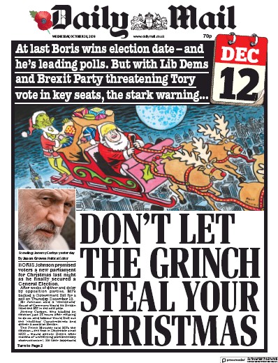 Daily Mail Newspaper Front Page (UK) for 30 October 2019