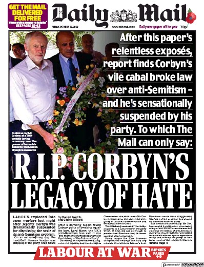 Daily Mail Newspaper Front Page (UK) for 30 October 2020