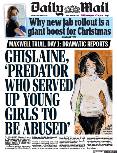 Daily Mail Newspaper Front Page (UK) for 30 November 2021