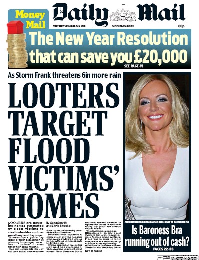 Daily Mail Newspaper Front Page (UK) for 30 December 2015