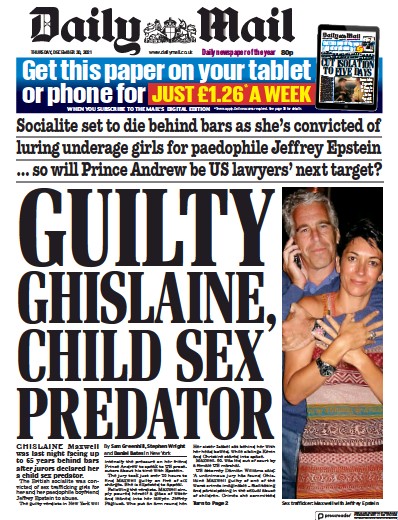 Daily Mail Newspaper Front Page (UK) for 30 December 2021