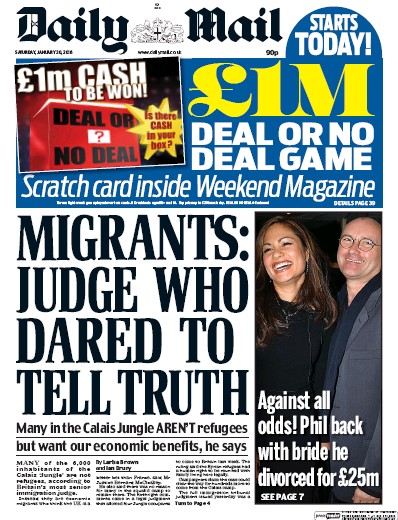 Daily Mail Newspaper Front Page (UK) for 30 January 2016