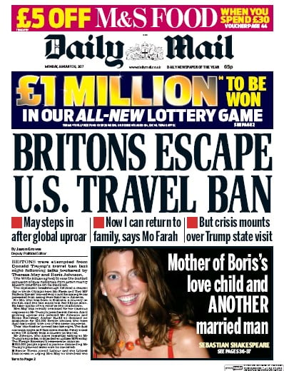 Daily Mail Newspaper Front Page (UK) for 30 January 2017