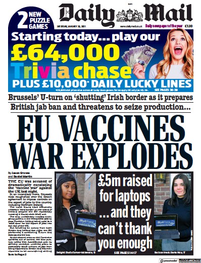 Daily Mail Newspaper Front Page (UK) for 30 January 2021