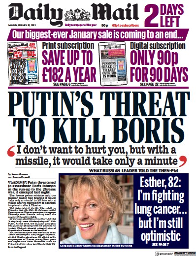 Daily Mail Newspaper Front Page (UK) for 30 January 2023