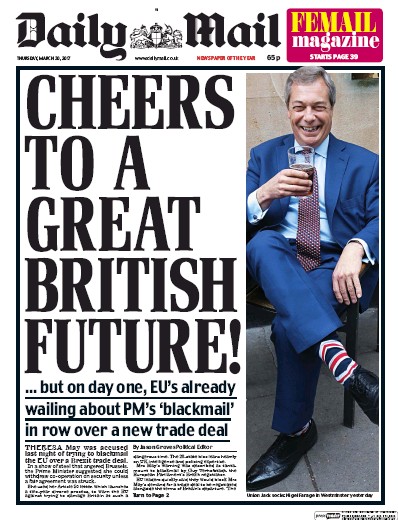 Daily Mail Newspaper Front Page (UK) for 30 March 2017