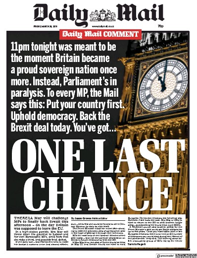 Daily Mail Newspaper Front Page (UK) for 30 March 2019