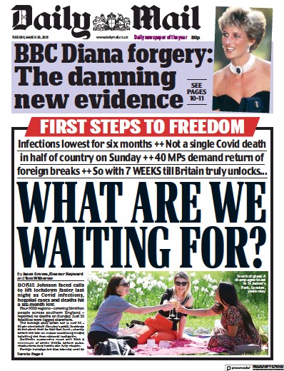 Daily Mail Newspaper Front Page (UK) for 30 March 2021