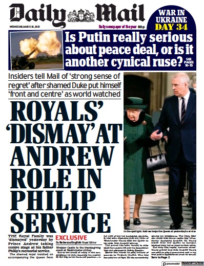 Daily Mail Newspaper Front Page (UK) for 30 March 2022