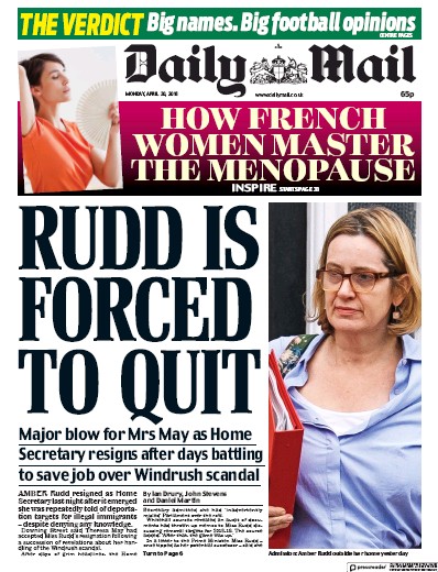 Daily Mail Newspaper Front Page (UK) for 30 April 2018