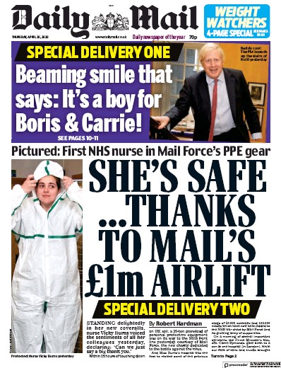 Daily Mail Newspaper Front Page (UK) for 30 April 2020