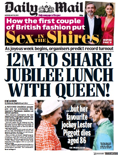Daily Mail Newspaper Front Page (UK) for 30 May 2022