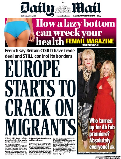 Daily Mail Newspaper Front Page (UK) for 30 June 2016