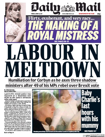 Daily Mail Newspaper Front Page (UK) for 30 June 2017