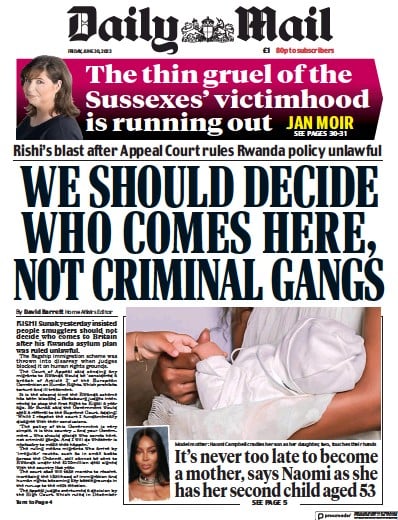 Daily Mail Newspaper Front Page (UK) for 30 June 2023