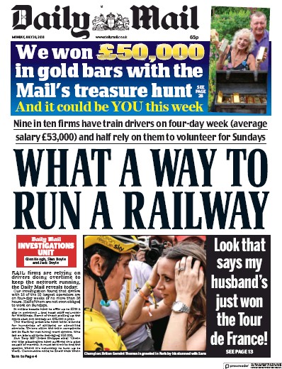 Daily Mail Newspaper Front Page (UK) for 30 July 2018