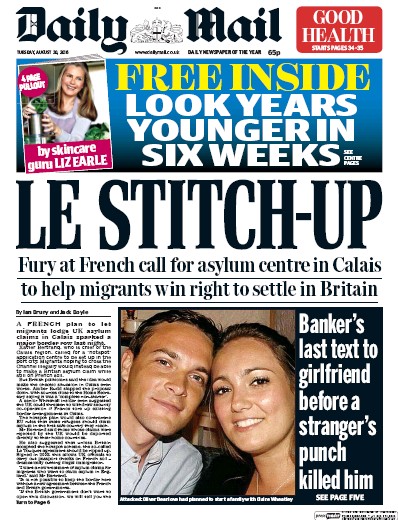 Daily Mail Newspaper Front Page (UK) for 30 August 2016