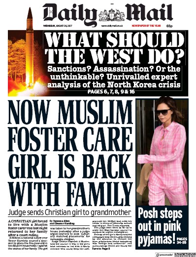 Daily Mail Newspaper Front Page (UK) for 30 August 2017