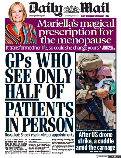 Daily Mail Newspaper Front Page (UK) for 30 August 2021