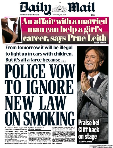 Daily Mail Newspaper Front Page (UK) for 30 September 2015