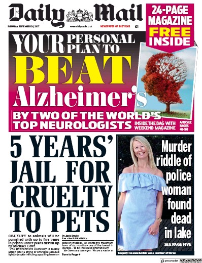 Daily Mail Newspaper Front Page (UK) for 30 September 2017