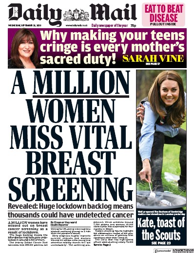 Daily Mail Newspaper Front Page (UK) for 30 September 2020