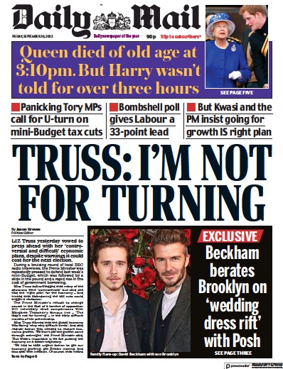 Daily Mail Newspaper Front Page (UK) for 30 September 2022