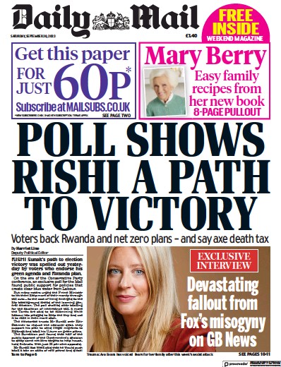 Daily Mail Newspaper Front Page (UK) for 30 September 2023