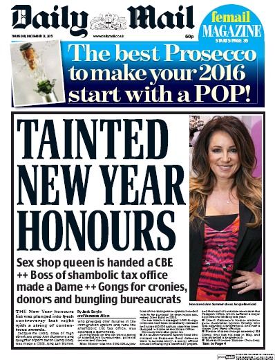 Daily Mail Newspaper Front Page (UK) for 31 December 2015