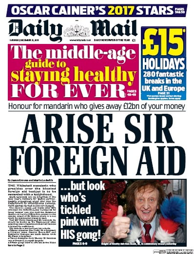 Daily Mail Newspaper Front Page (UK) for 31 December 2016