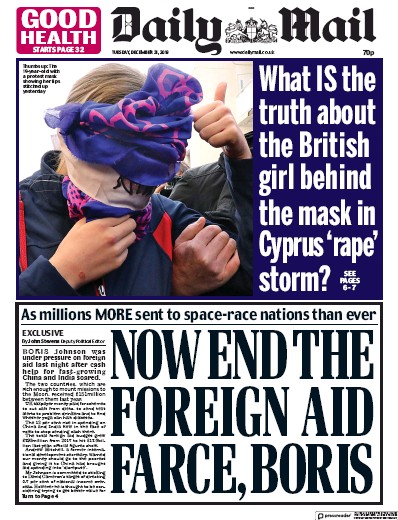 Daily Mail Newspaper Front Page (UK) for 31 December 2019