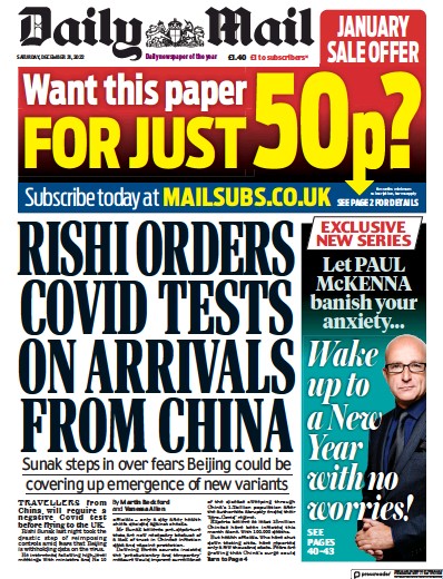 Daily Mail Newspaper Front Page (UK) for 31 December 2022