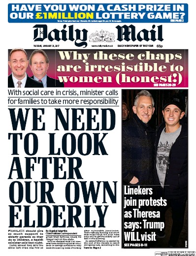 Daily Mail Newspaper Front Page (UK) for 31 January 2017