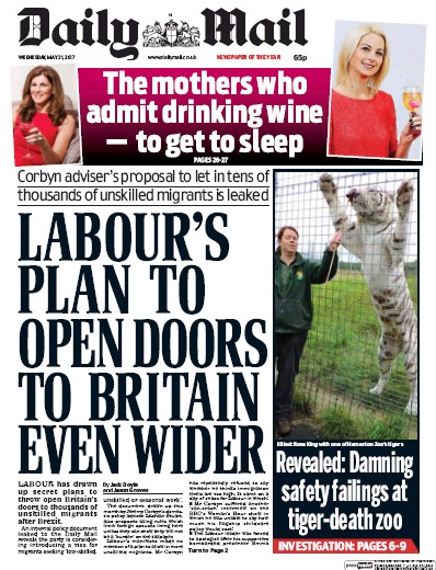 Daily Mail Newspaper Front Page (UK) for 31 May 2017