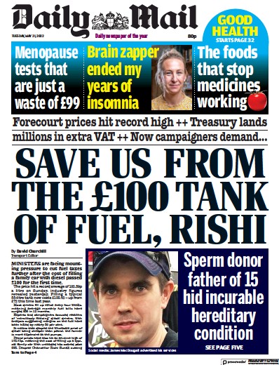 Daily Mail Newspaper Front Page (UK) for 31 May 2022