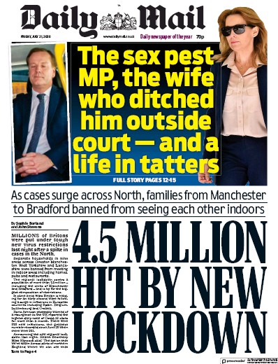 Daily Mail Newspaper Front Page (UK) for 31 July 2020