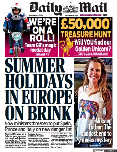 Daily Mail Newspaper Front Page (UK) for 31 July 2021
