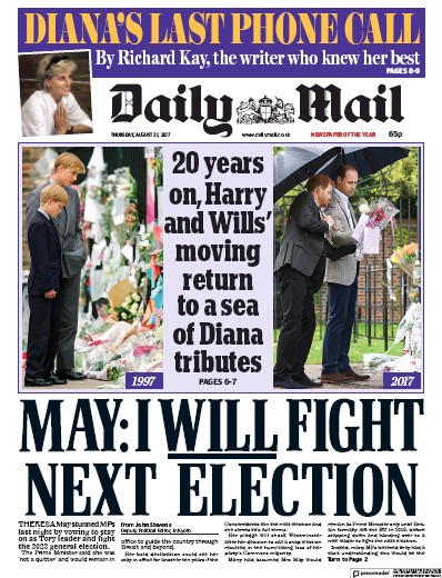 Daily Mail Newspaper Front Page (UK) for 31 August 2017