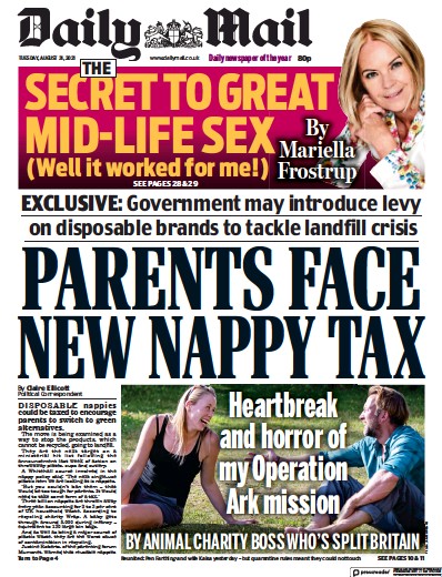 Daily Mail Newspaper Front Page (UK) for 31 August 2021