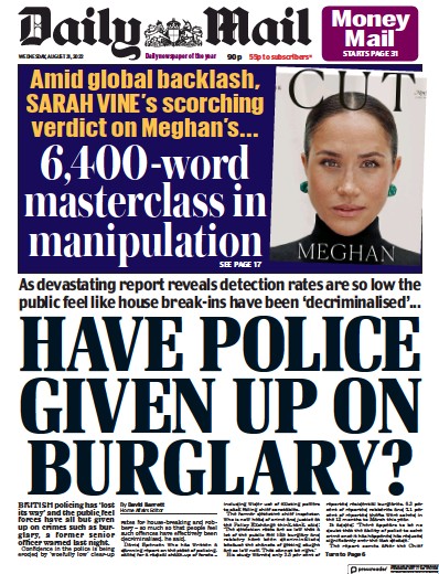 Daily Mail Newspaper Front Page (UK) for 31 August 2022