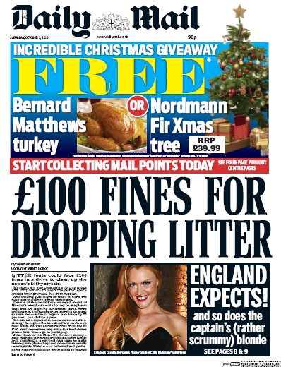 Daily Mail Newspaper Front Page (UK) for 3 October 2015