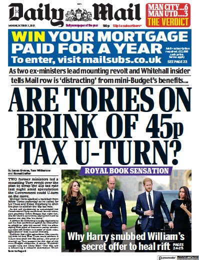 Daily Mail Newspaper Front Page (UK) for 3 October 2022