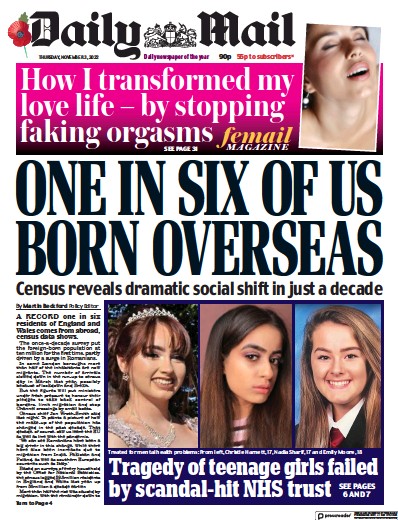 Daily Mail Newspaper Front Page (UK) for 3 November 2022