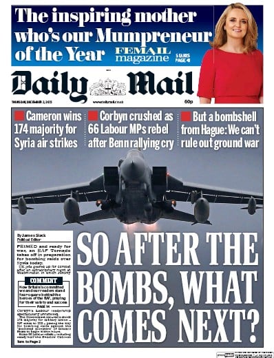 Daily Mail Newspaper Front Page (UK) for 3 December 2015