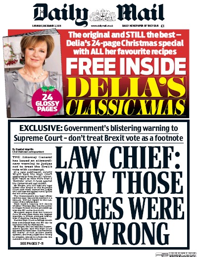Daily Mail Newspaper Front Page (UK) for 3 December 2016