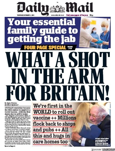 Daily Mail Newspaper Front Page (UK) for 3 December 2020