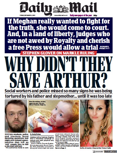 Daily Mail Newspaper Front Page (UK) for 3 December 2021