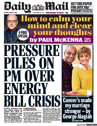 Daily Mail Newspaper Front Page (UK) for 3 January 2022
