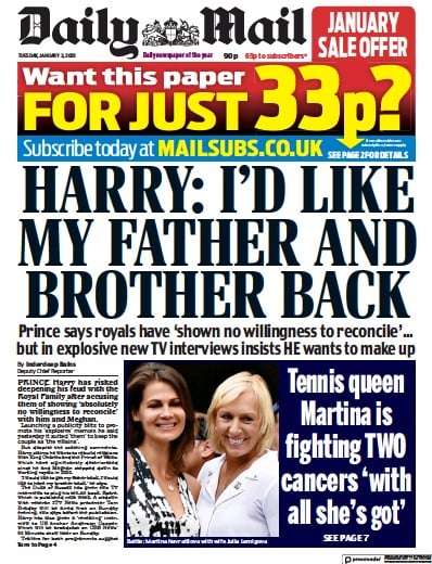 Daily Mail Newspaper Front Page (UK) for 3 January 2023