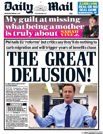 Daily Mail Newspaper Front Page (UK) for 3 February 2016